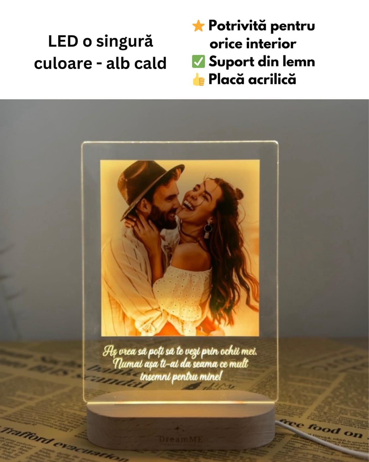 Lampă LED cu poză și mesaj: LED o singură culoare, alb cald, suport din lemn, placă acrilică